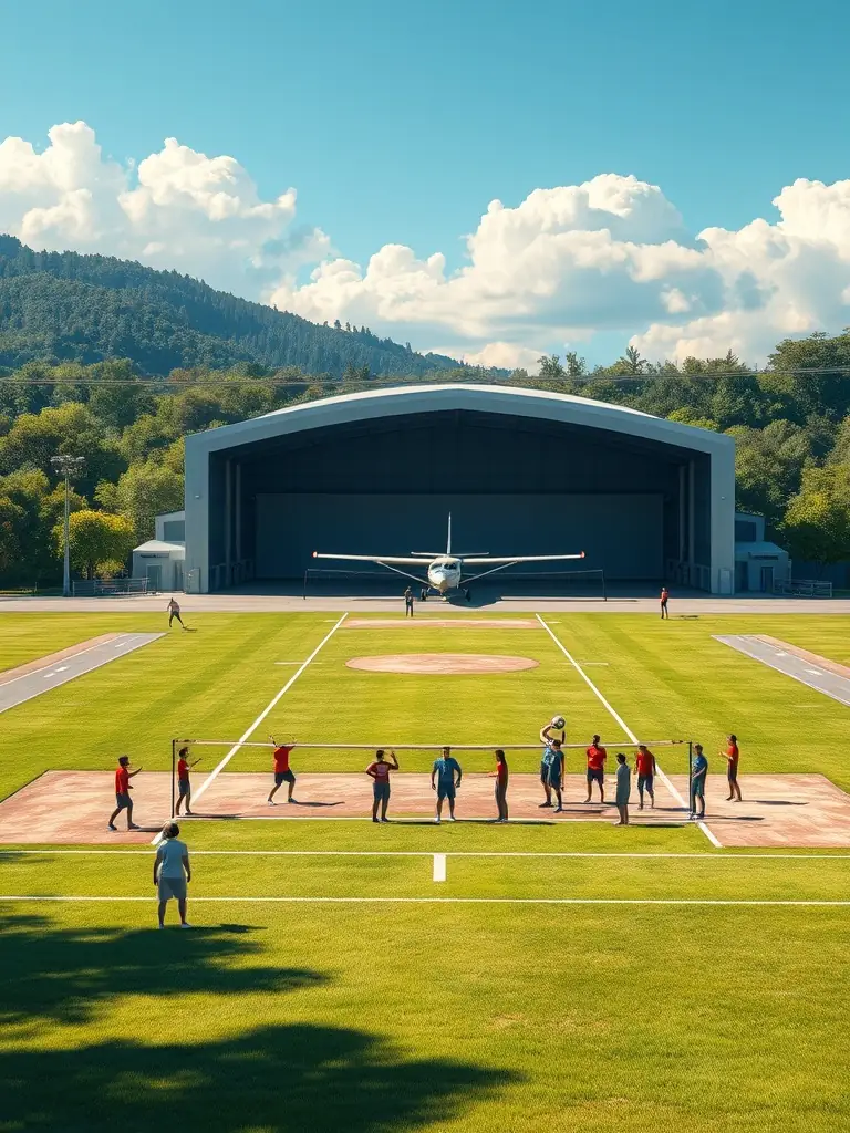 An image of a modern sports facility with a grass airfield, hangar, and members playing volleyball nearby, representing the club’s sports and leisure amenities.