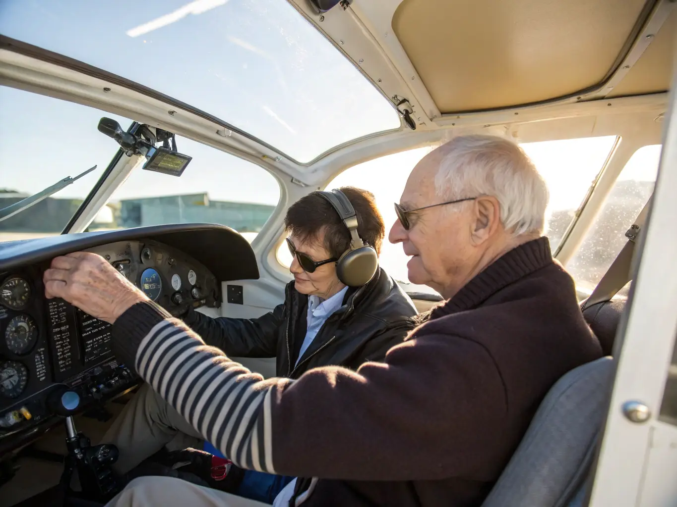 A vibrant photo of a flight instructor guiding a student pilot inside a light aircraft cockpit during a training session, with visible flight instruments and clear sky through the windows.
