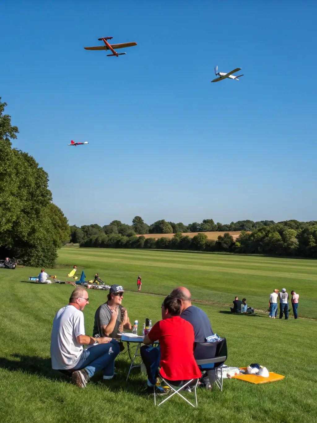 A lively outdoor community event with families, club members, and local residents gathered around aircraft displays and food stalls, highlighting social engagement.