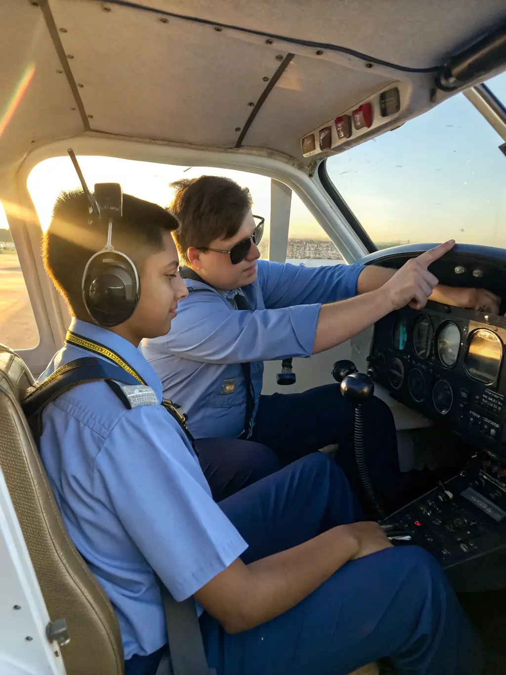 A vibrant photo of a flight instructor guiding a student pilot in a small aircraft cockpit, with clear skies visible through the windows, used to illustrate the club’s pilot training program.