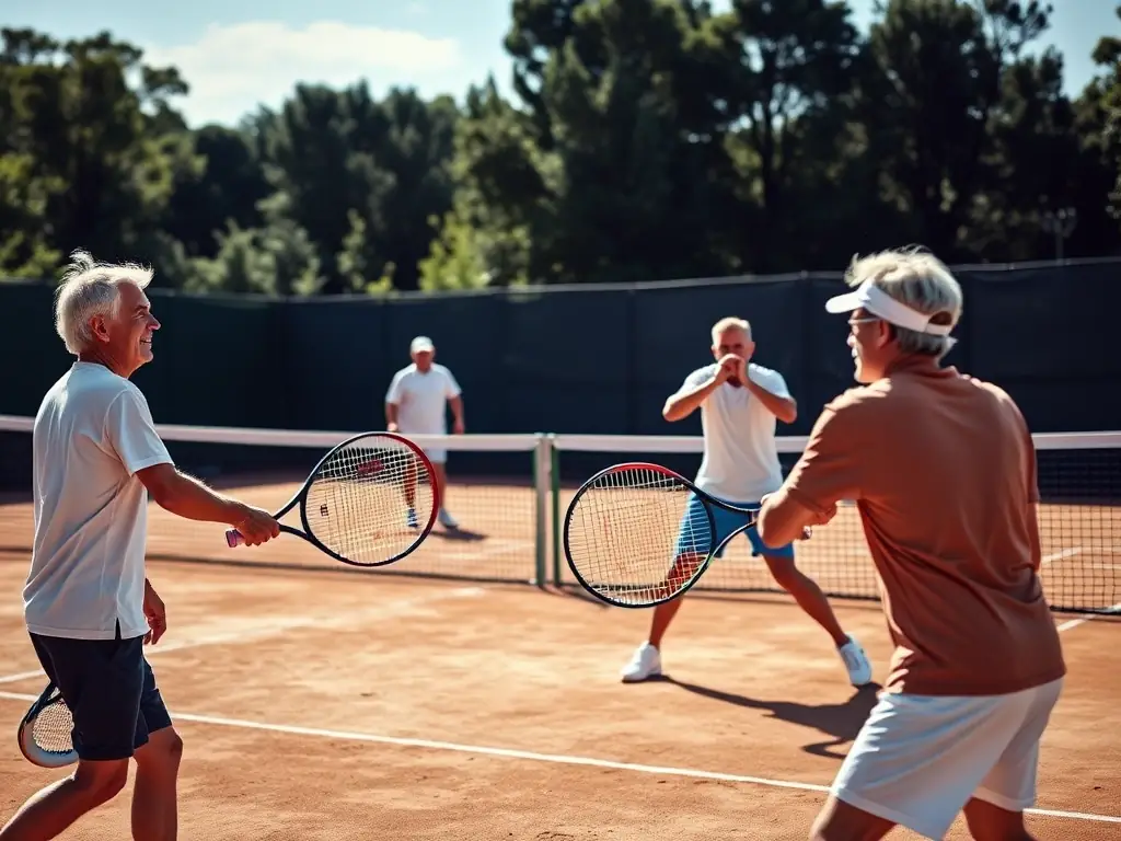 A lively image of a group of club members playing tennis on a well-maintained outdoor court, with the aerodrome and hangar visible in the background under sunny weather.