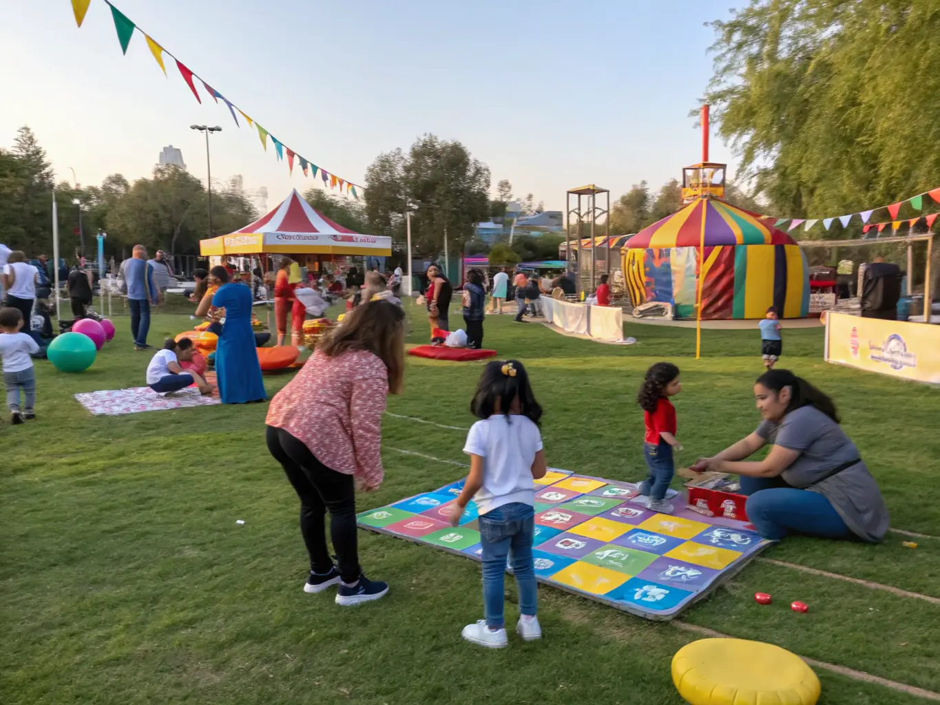 A cheerful scene of families and children participating in an open-air community event at the aerodrome, with small aircraft on display and club volunteers engaging with visitors.